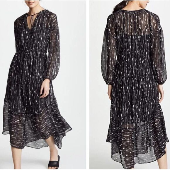 Vince Smocked Chiffon Abstract Silk Midi Dress sz Small Boho Romantic Goth Sheer - Picture 1 of 10